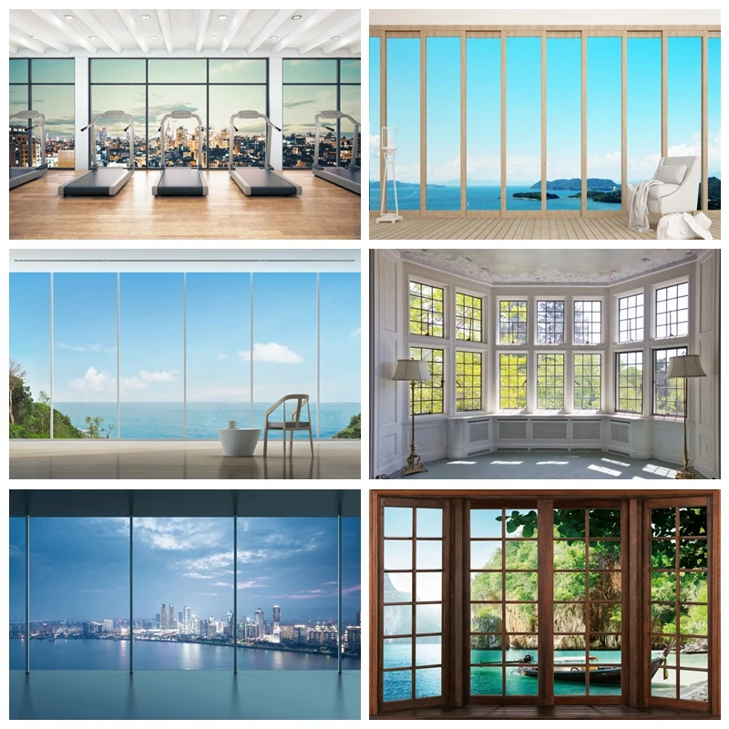 

Студийный фон для фотосъемки с изображением французского окна и современного города