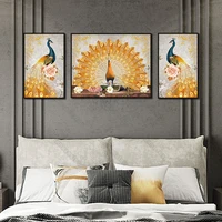 canvas painting wall poster the spectacular view of the haughty peacock showing its golden tail for home rooms wall decoration