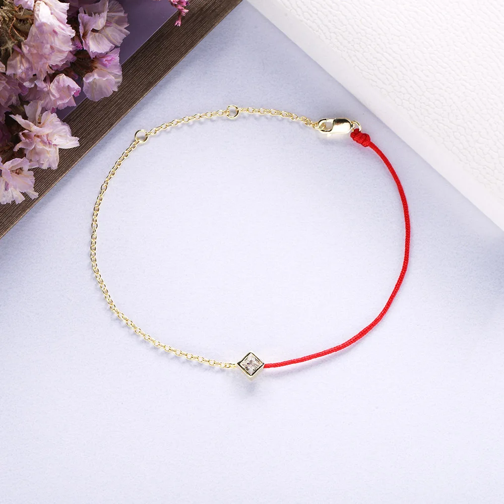 

SHADOWHUNTERS 100% Real Sterling Silver 925 Jewelry Red String Bracelet Diamond-shaped Charm With Clear Zircon For Women Gifts