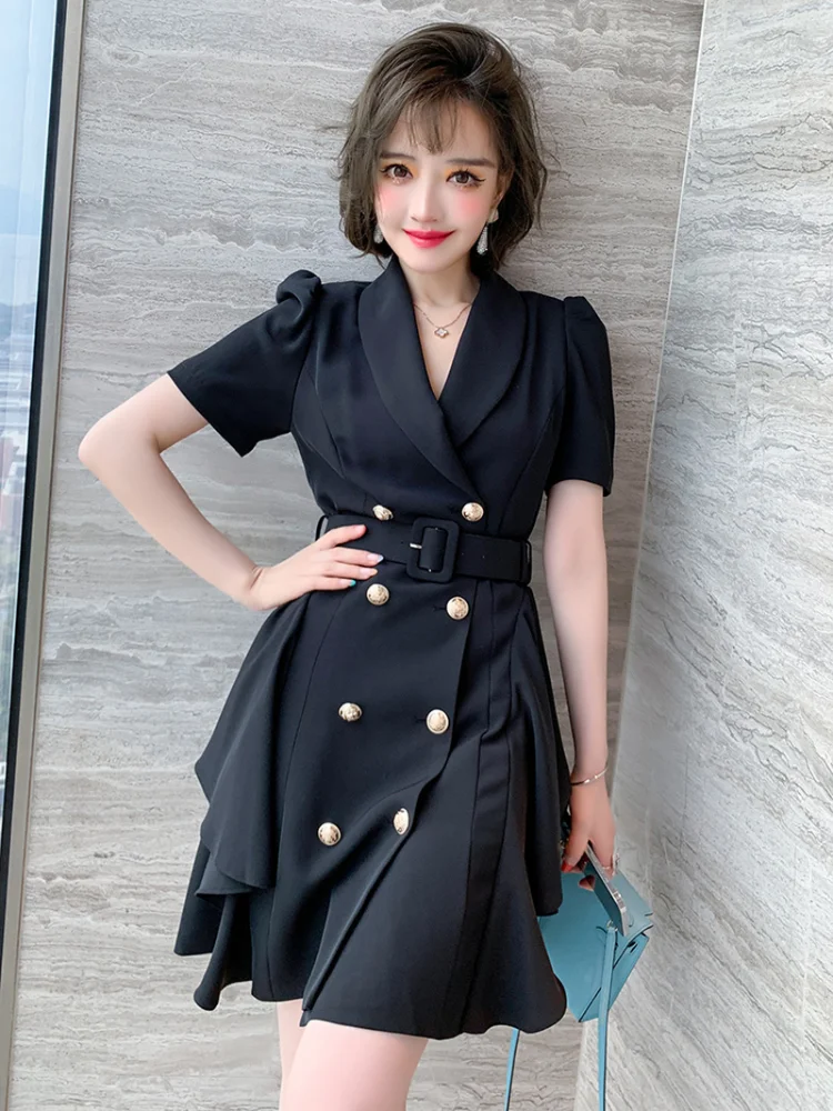 

Double Breasted Belt midi Dress Women Elegant Office Ladies Blazer Dresses Short Sleeve Female Autumn Dress Korean Style