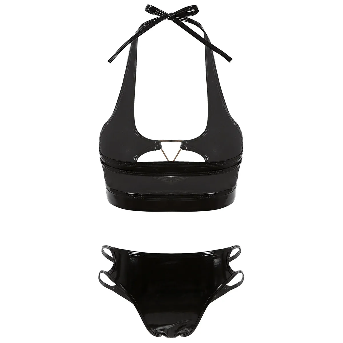 

Sexy Womens Lingerie Clubwear Wet Look Leather Anime Costumes Bikini Sets Halter Neck Backless Cutout Crop Top Panties Underwear
