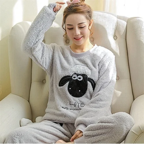 Gray sheep Пижамы с рисунками животных для женщин, пижамы, зимние толстые теплые коралловые пижамы для женщин, осенняя Пижама Mujer Verano, пижамный комплект - Цвет: Gray sheep