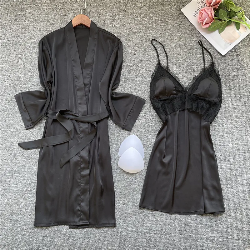 

Casual Satin Home Clothing Short Sleep Set Women Sexy Lace Nightwear 2pcs Robe Set Summer New Bathrobe Gown Intimate Lingerie