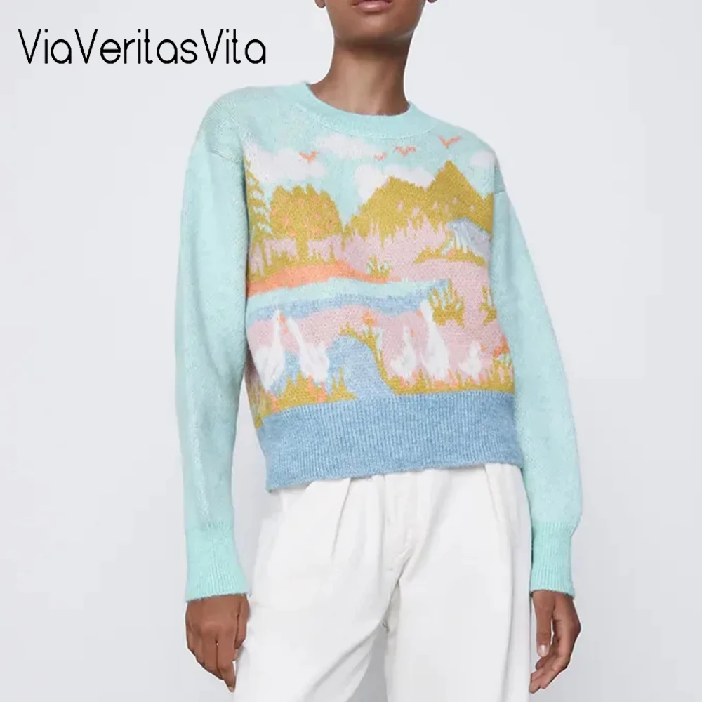 

2021 Autumn Winter Jacquard Round Neck Green Pullovers Womens Sweet Korean Style Long Sleeve Casual Knit Sweaters Mujer Knitwear