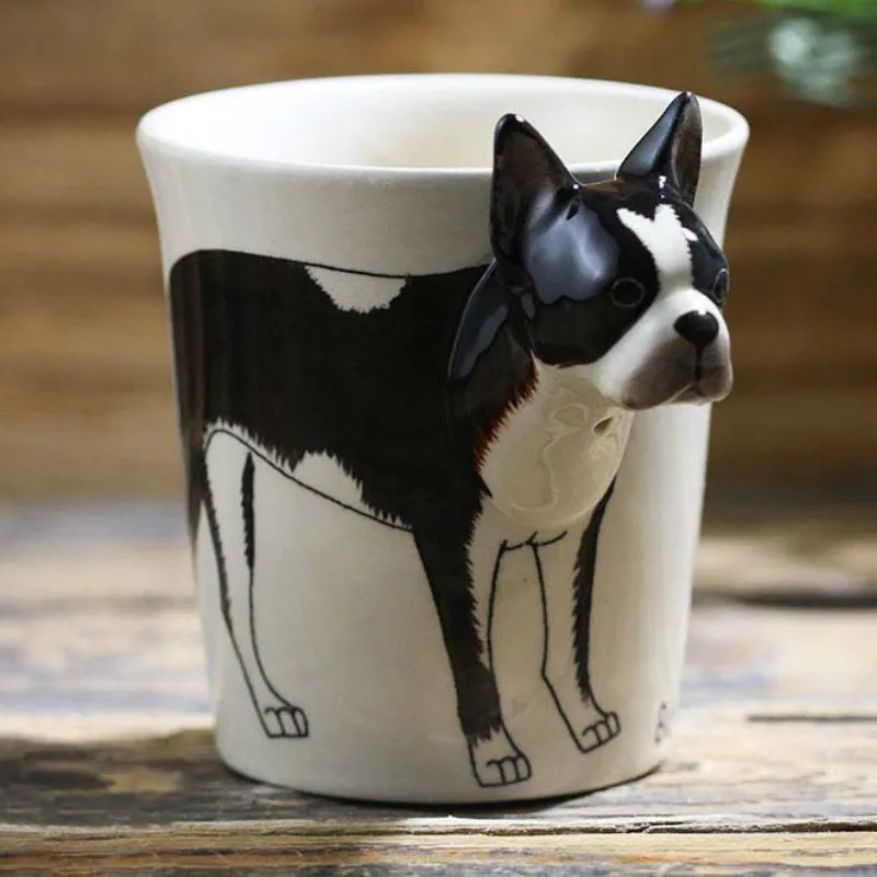 2019 New Creative Black Boston Terrier Ceramic Cup 3D Cartoon Hand Painted Animal Cup Dog Coffee  Creative Gift