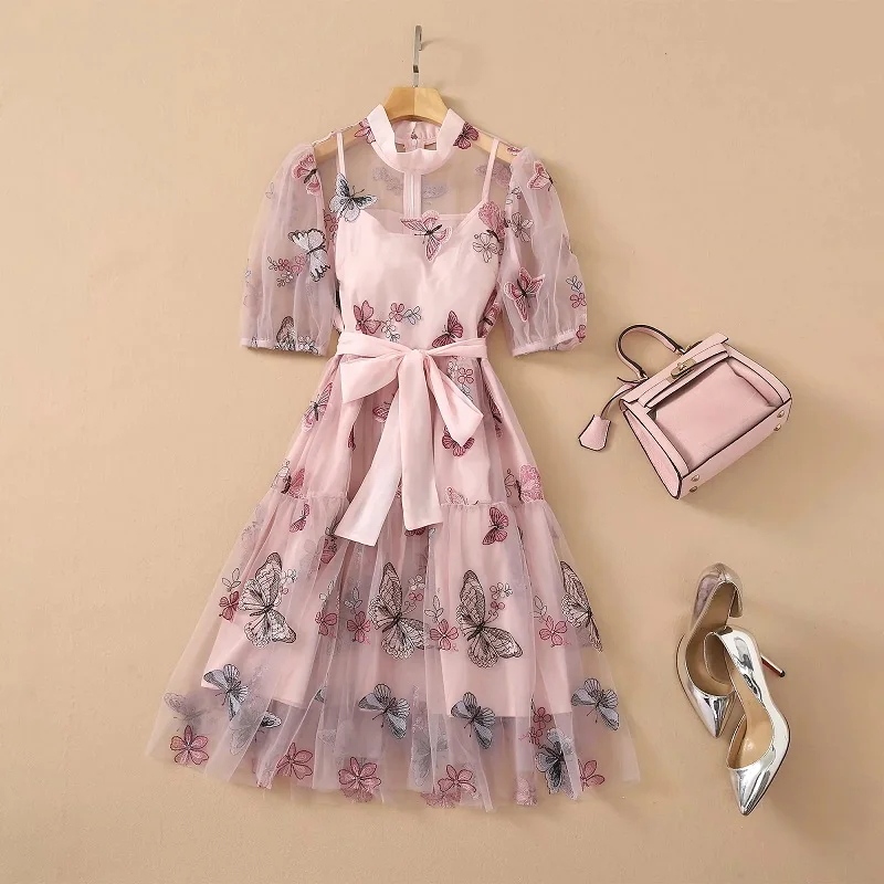 Sweet Pink Dress 2021 Summer Designer Fashion Women Stand Neck Butterfly Embroidery Short Sleeve Big Swing Sexy Tulle Mesh Dress