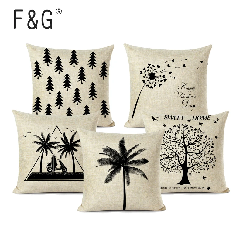 Черный белый цвет типографии Наволочка на подушку принт в виде одуванчиков сосна