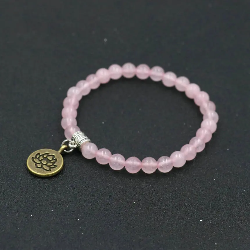 Женский браслет из натурального розового камня женский с имитацией лотоса чакры