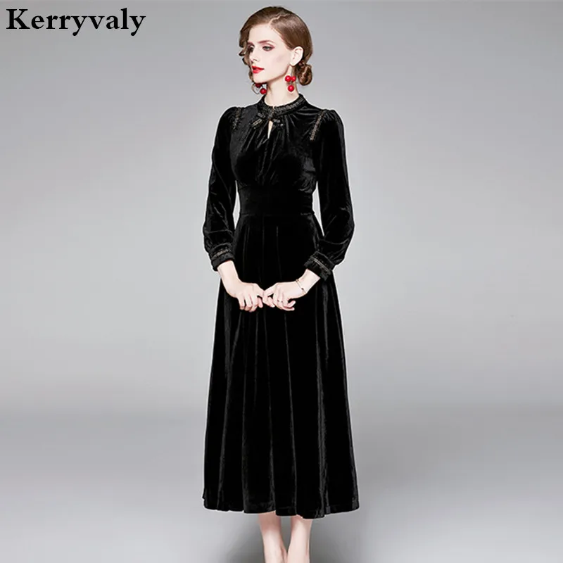 Женское зимнее бархатное платье макси с длинным рукавом черное вечерние нное