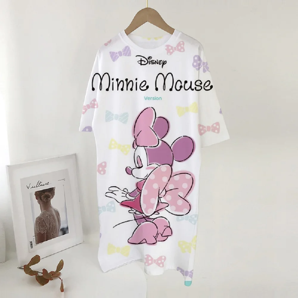 

Disney Minnie Mickey Mouse Women Dresses 3D print Mini Dress Loose Summer Long T Shirt Casual Clothes Femme Tops White Sukienka