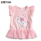 DXTON, летние футболки для девочек, с летящим рукавом, для малышей, хлопковые детские топы с единорогом, повседневные футболки для девочек, одежда с вышивкой