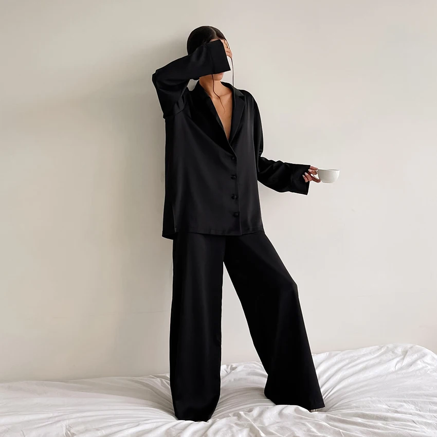 Hiloc Oversized Satin Silk Sleepwear Low Cut  Pajamas For Women Single-Breasted Long Sleeves Wide Leg Pants Trouser Suits