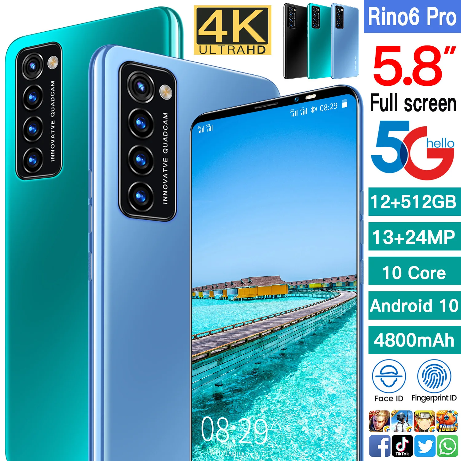 

100% Real Original Global Version SmartPhone Rino6 16GB+512GB 13+24MP HD Full Screen 10core Chip Large Battery 4800mAh Cellphone