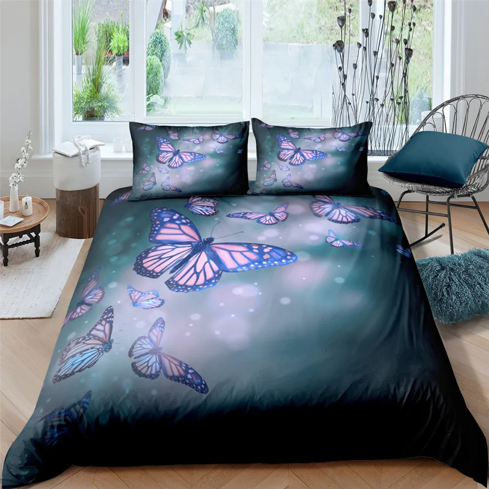 

3D Butterfly Print Bedding Set 2/3Pcs Duvet Cover With Pillowcase Single Twin Double Full Queen King Size