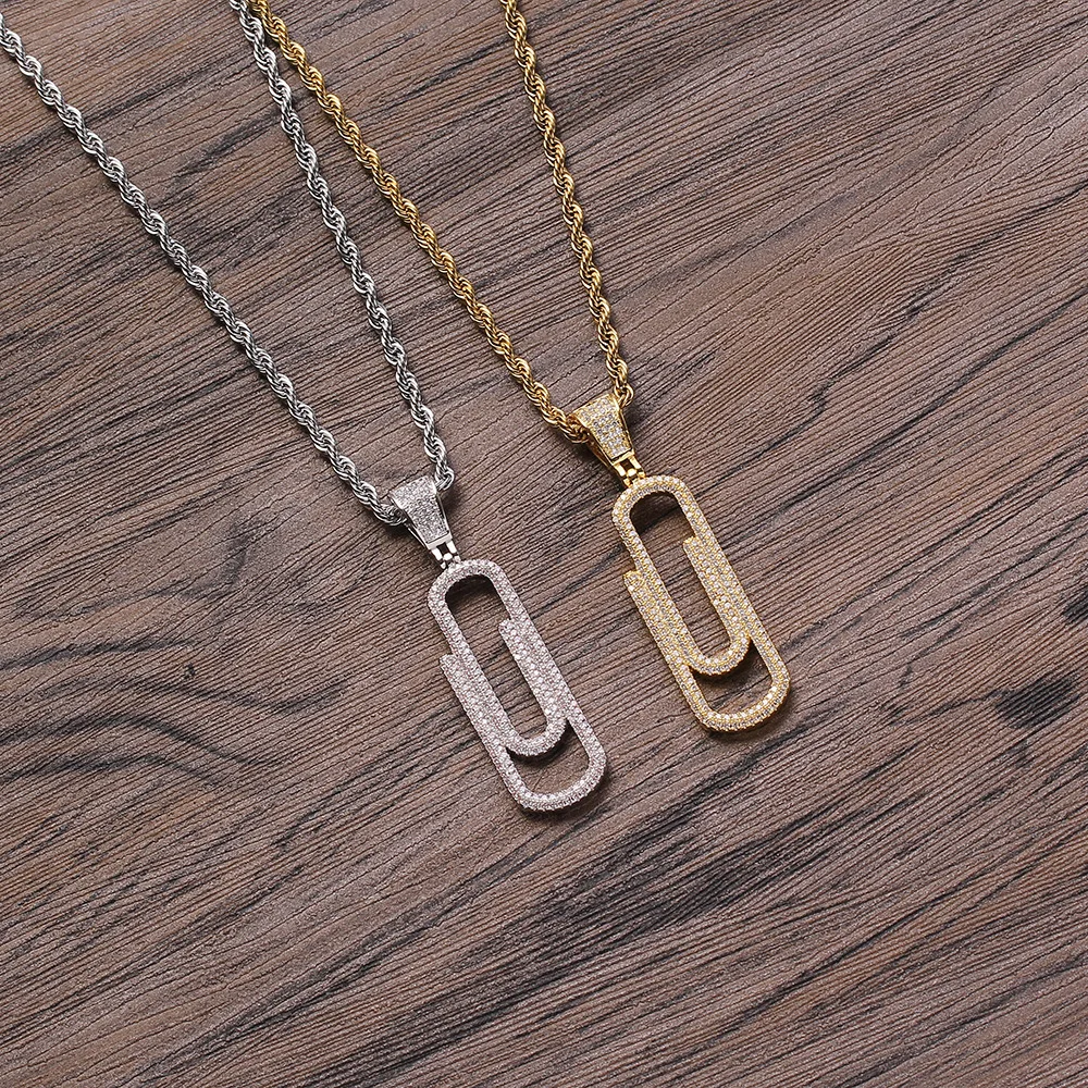 

Классическое ожерелье с кулоном в форме зажима для бумаги золотого и серебряного цвета кулон с кубическим цирконием кулон в стиле хип-хоп CZ ...