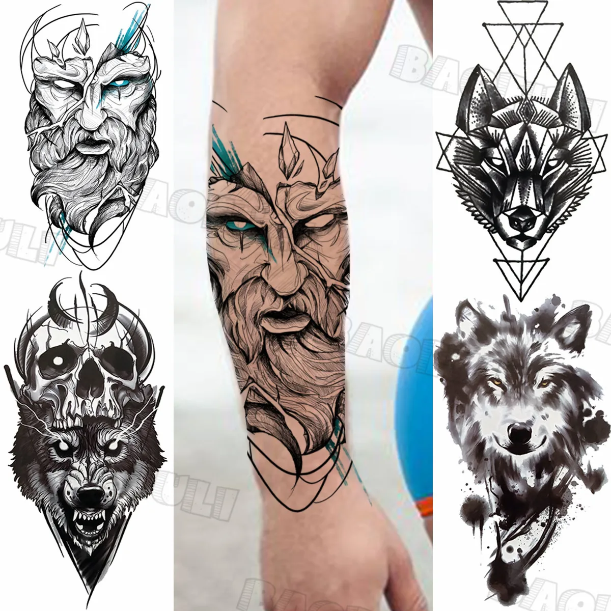 

Big Tribal Warrior Punk Temporary Tattoos For Women Adult Geometric Wolf Skull Realistic Fake Tattoo Washable Body Art Tatoos