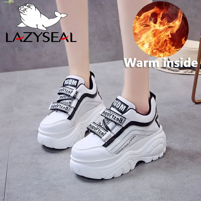 LazySeal ботинки на платформе; женские кроссовки, визуально увеличивающие рост; ботильоны для женщин; прогулочная обувь на не сужающемся книзу массивном каблуке с круглым носком и застежкой-липучкой - Цвет: White-Warm