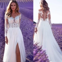 long sleeve beach wedding dress for bride 2021 a line sheer neck side slit lace appliques bride gown vestidos de noiva