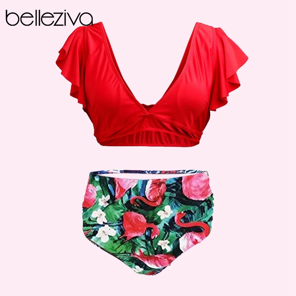 Женский купальник бикини Belleziva пляжный с высокой талией и цветочным принтом