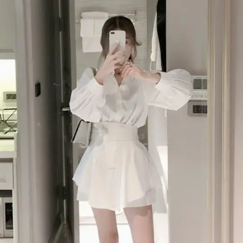 Женские белые длинные рубашки и шорты комплекты из двух предметов блузка с