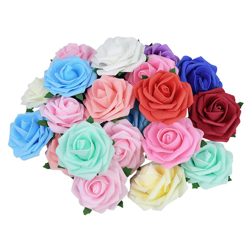 

20pcs 7cm Pe Foam Rose Heads With Leaf Artificial Roses Flowers For Wedding Decoration DIY Handmade Bouquet Wreath Fake Flower