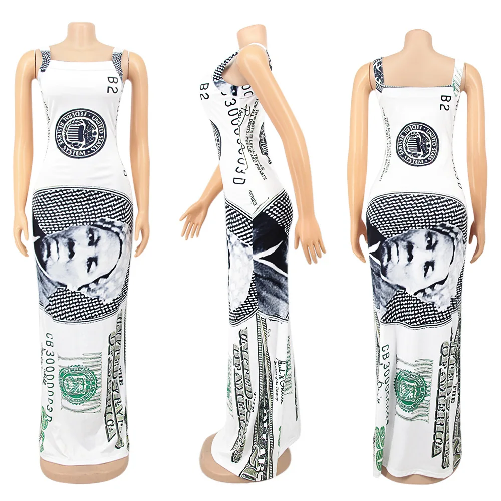 

Summer Sleeveless USD Dollar Money Print Long Maxi Skinny Bodycon Sexy Dress Women Vintage Vestidos with scarf Streetwear Outfit