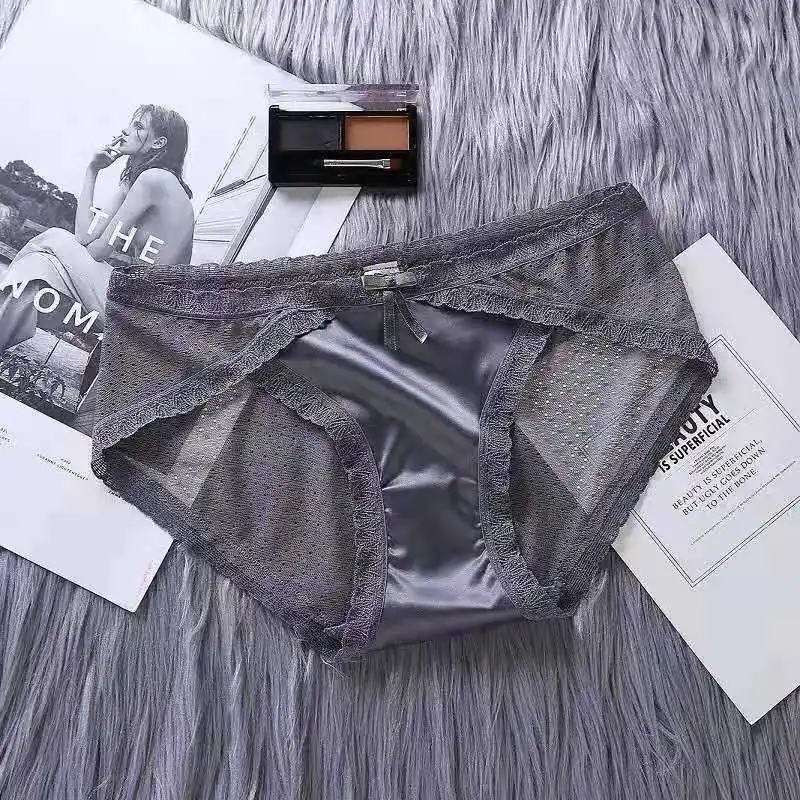 

High-end French seamless ultra-thin satin sexy mesh breathable lace underwear women's cotton low-waist briefs