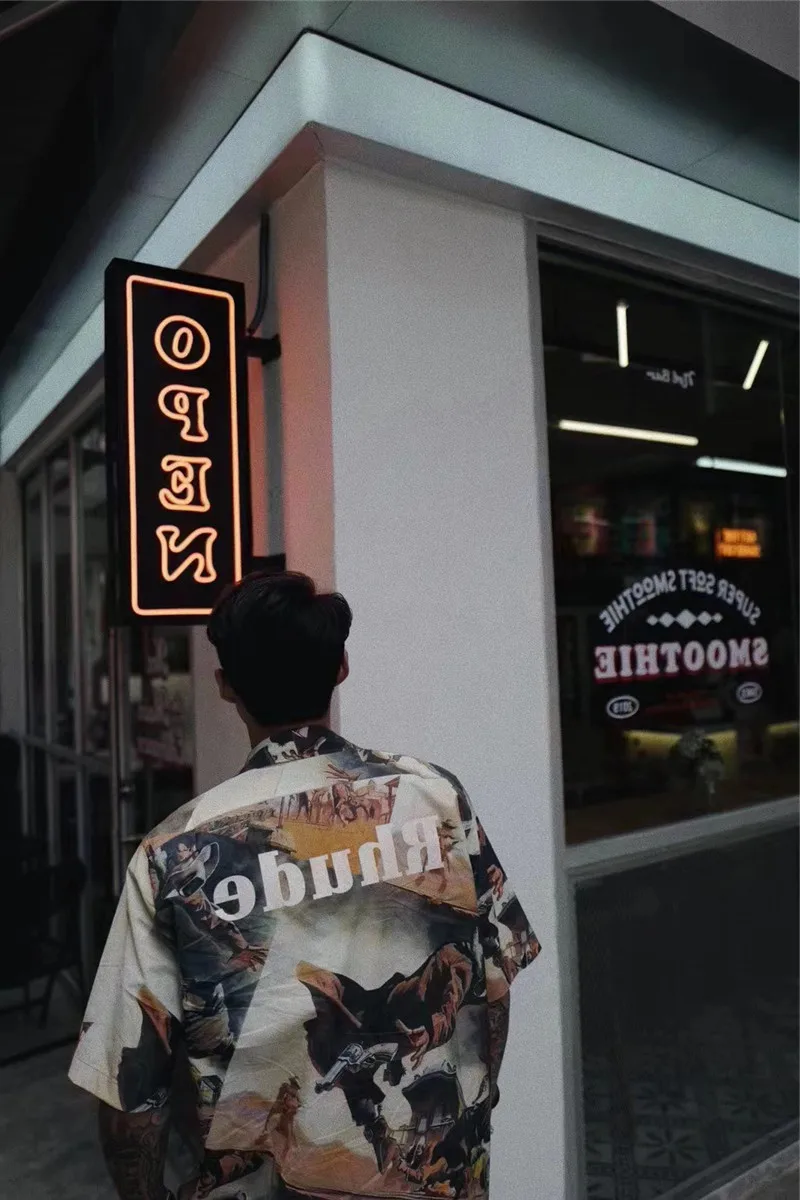

Баунти Rhude рубашка Охотник маслом печать футболки для мужчин и женщин высокое качество гладкой шелковистой ткани пляжное платье-рубашка с ...