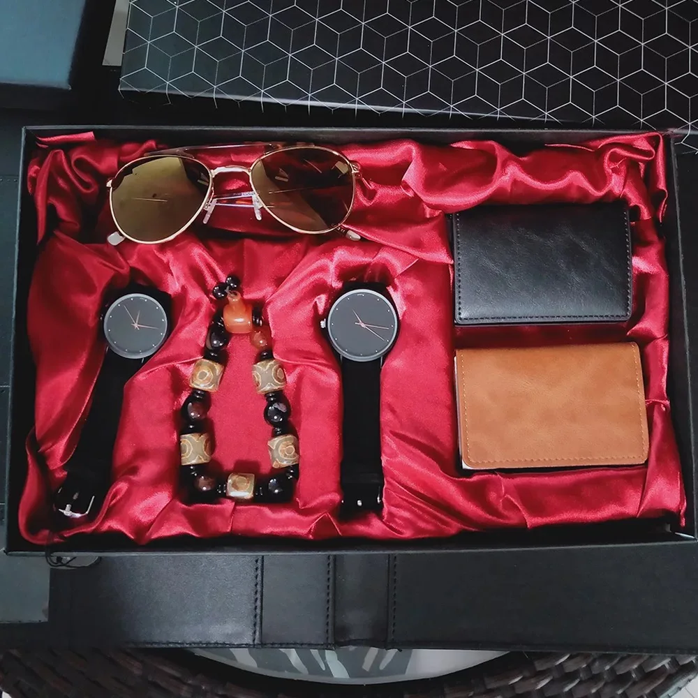 Couple Watches Set Men /Women Simple watch Gifts for Lover's 6pcs/set Boutique Present Beaded Bracelet Sunglasses Card Holder