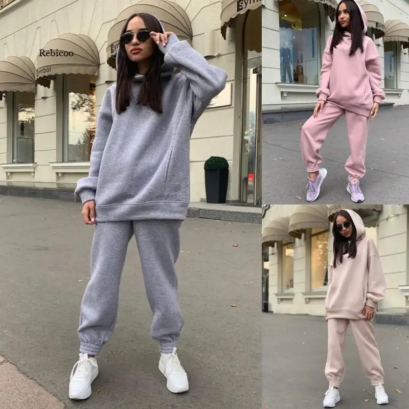 

2021 Autumn Winter Streetwear Women Joggers 2 Piece Set Hooded Sweatshirt Pant Two Piece Set Tracksuit Fleece Outfits Sweatpants