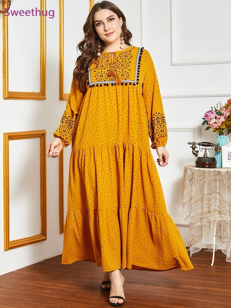 

Indie Folk Embroidery Maxi Dress for Women Fall 2021 Yellow Polka Dot Pompom Panel Loose Arabic Muslim Turkey Clothes