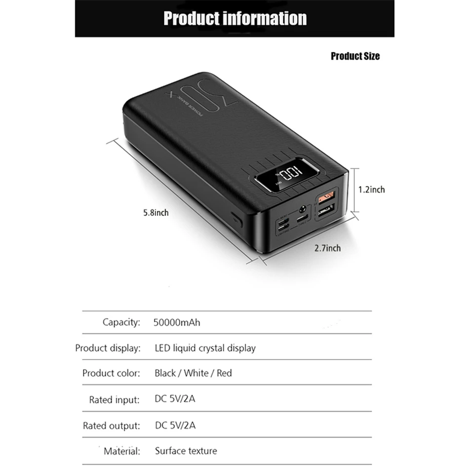 50000 мАч Внешний аккумулятор для iPhone X XS MAX 11 pro Xiaomi Mi 9 8 Pover Bank 2 USB светодиодный внешний аккумулятор для зарядки