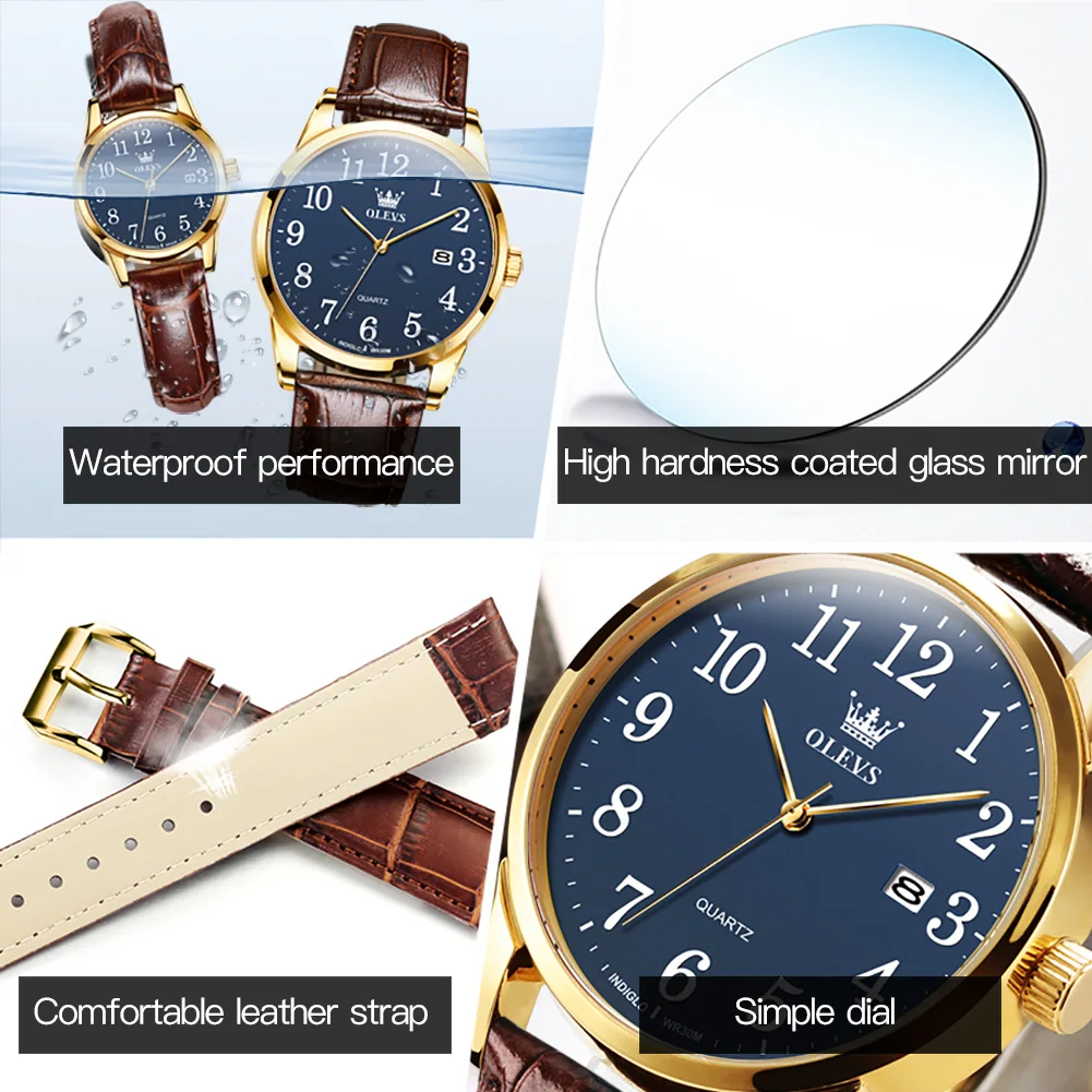 Luxury OLEVS Lover's Watches For Men And Women Simple Casual Blue Quartz Wristwatch Waterproof Date Clock Couple Watch Gift 5566