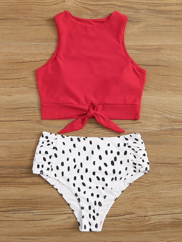 

Two Piece Vintage Bathing Suit Bowknot Retro High Waist Bikini Set Push Up Swimwear Women Ruched Swimsuit Vest Type Beach Wear
