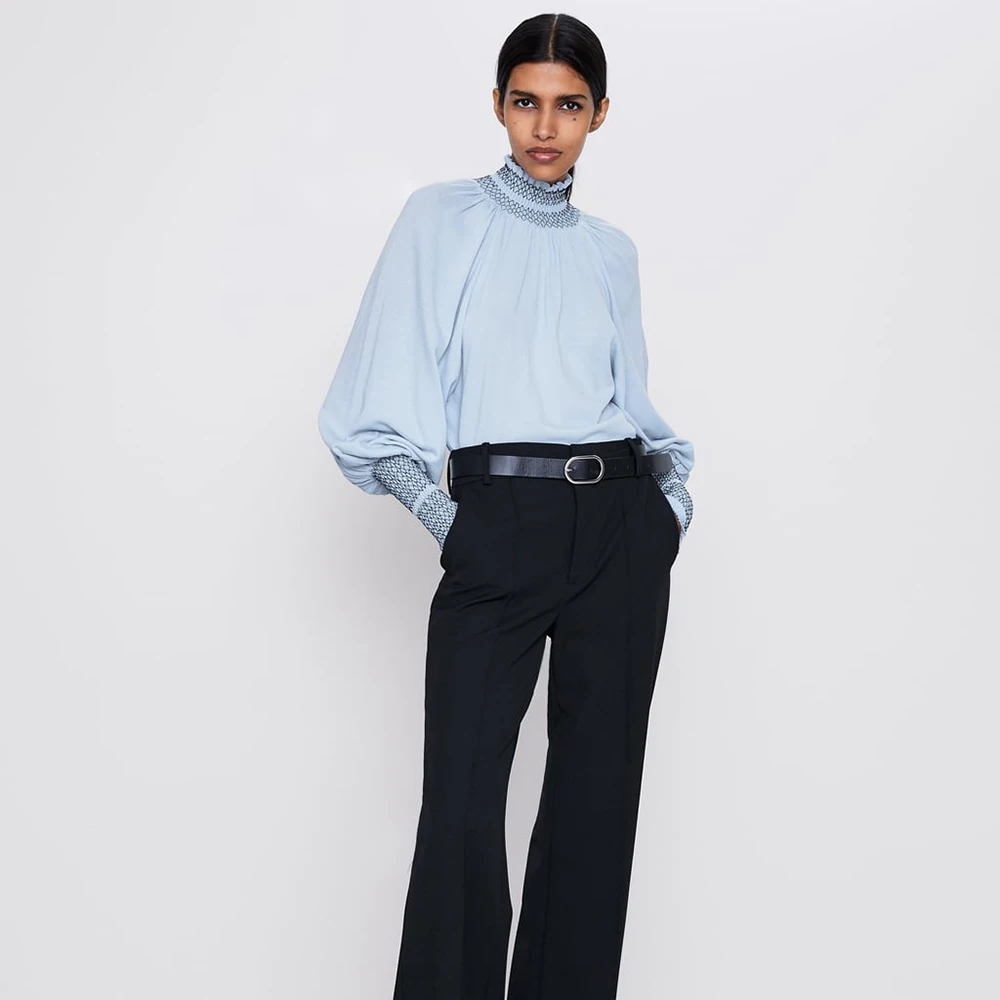 Ladyfirsy ZA эластичная деталь рубашки для женщин Высокий воротник топ с длинными