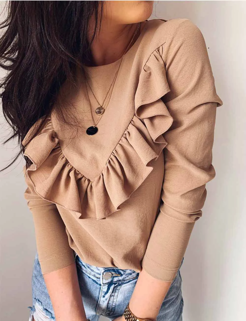 Белые черные хаки с оборками в стиле пэчворк милые женские осенние Топы