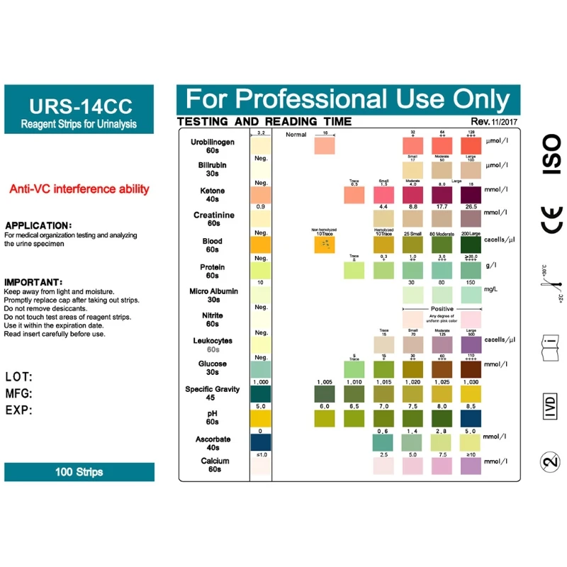 

URS-14 100strips Urinalysis Reagent Test Paper Urine Test Strips Leukocytes, Nitrite, Urobilinogen, Protein, pH, Ketone