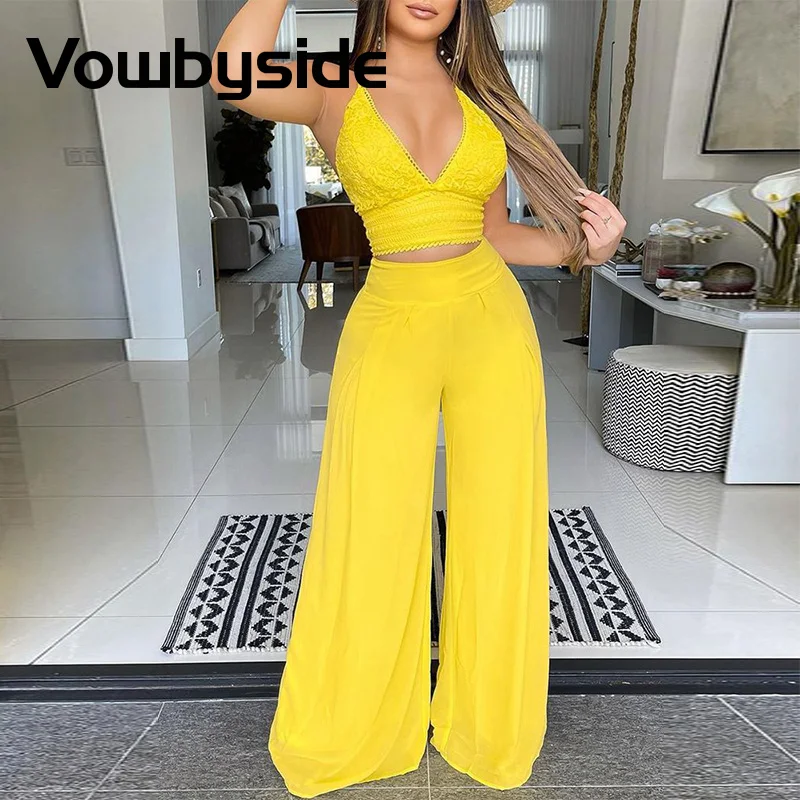 

Crochet Lace Halter Crop Top & Wide Leg Pants Set Summer Women Two Piece Set