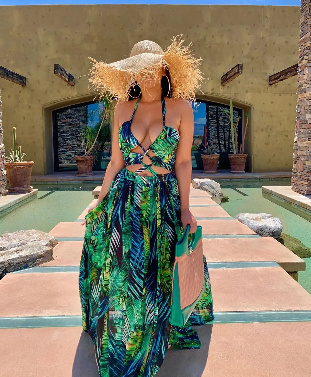 

Echoine Sexy Halter Maxi Long Dress Green Printed Sleeveless Elegant Split Vacation Dresses Lace Up Hollow Out Summer Beach Robe