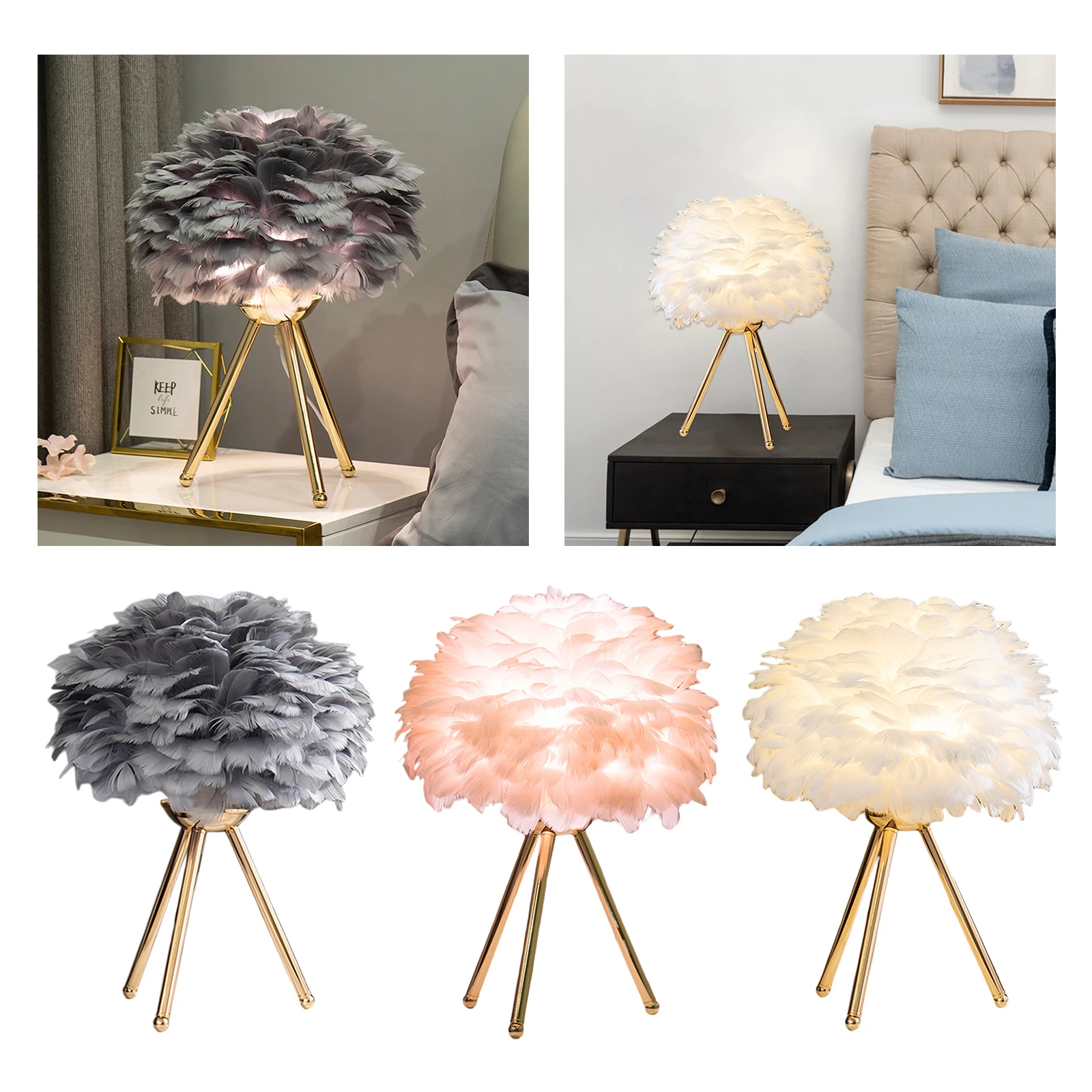 

Feather Shade Table Lamp Modern Bedroom Bedside Desk Night Light Decor
