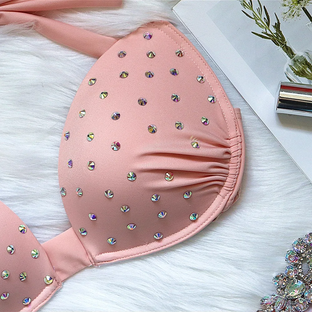 High Quality 2020 NEW Women Beading sexy bikini pink Bodysuits Bandage swim suit Knitted biquini wholesale