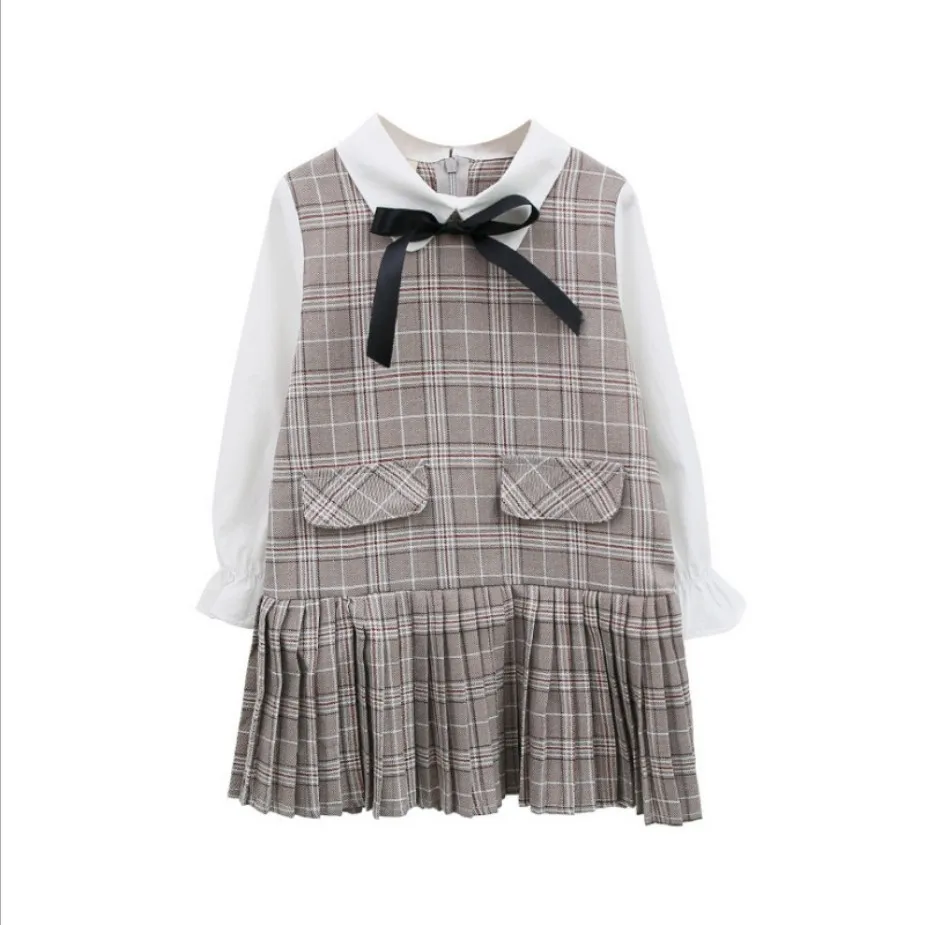 

Children Clothing Spring Autumn Peter Pan Collar Long-sleeved Dresses Fake Two-piece Stitching Pleated Skirt Baby Girl Dress