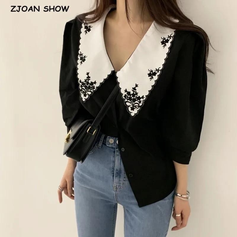 

Vintage Contrast color Wave Line Lapel Collar Embroidery Shirt CHIC Puff Sleeve Women Blouse Tops Korean Clothes