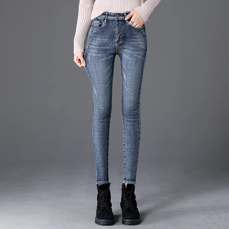 Winter Fleece Warm Thick Plus Velvet Skinny Mom Jeans For Women High waist Slim fit Female Stretch Denim Pencil Pants