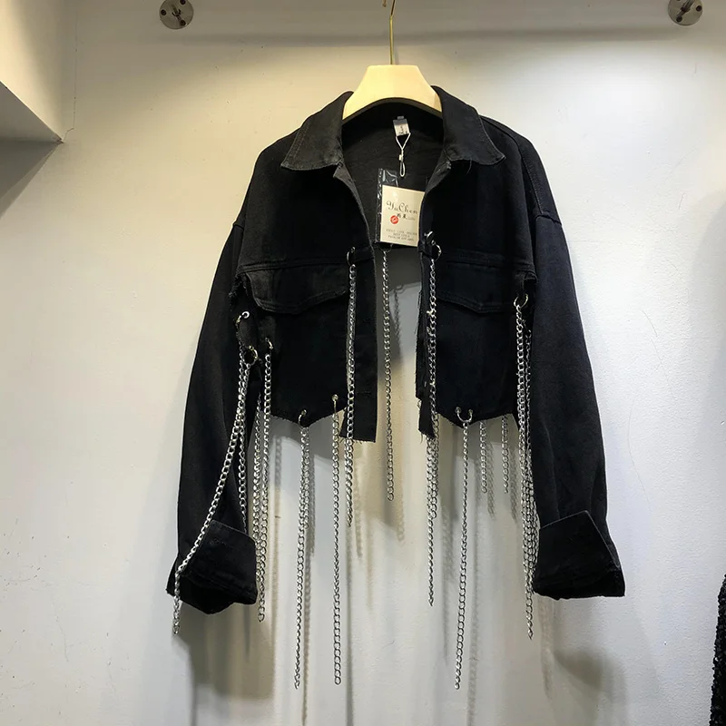 

Chain Tassel Short Jeans Jackets Boyfriend Oversized Crop Denim Coat Long Sleeve Short Jacket Casual Loose Black Bomber Jacket