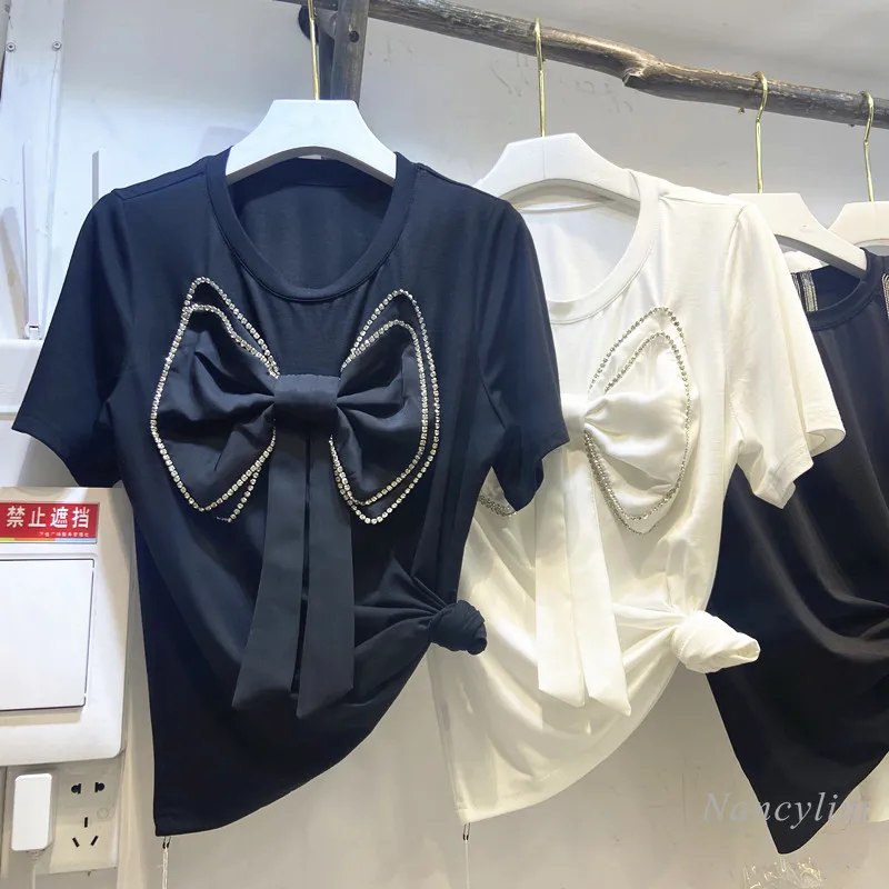 

T Shirt Women New Heavy Industry Rhinestone Big Bow Round Neck Short Sleeve Loose-Fitting T-shirts Top 2021 Summer White Black