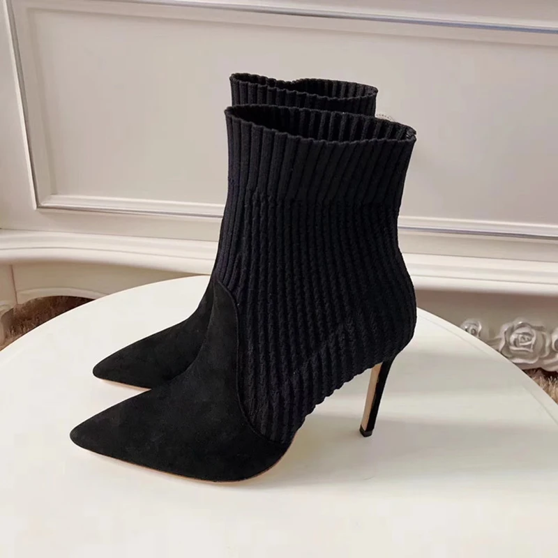 Эластичные Прошитые носки; женские замшевые пикантные сапоги на высокой шпильке с острым носком; женские сапоги средней высоты; коллекция года; сезон осень-зима; модная женская обувь