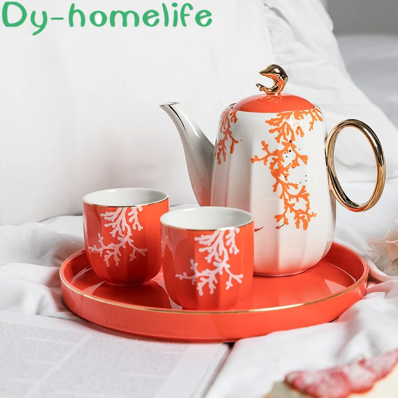 

Nordic Drawing Gold Green Orange Two-color Leaf Ceramic Coffee Tea Set Restaurant Household Bone China Pot Cup Tray Coffee Set