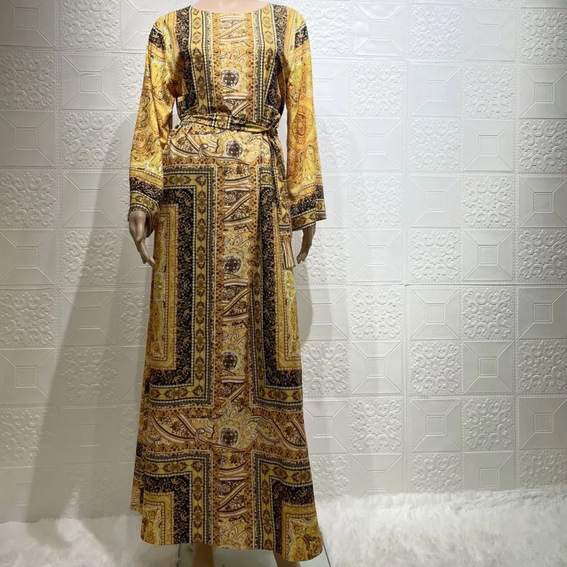 

Muslim Maxi Kaftan Dress Women Full Sleeve O Neck Loose Robes Fashion Dashiki Print Turkey Kimono Ramadan Musulman Kaftan Dress