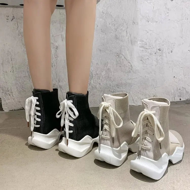 

European Station Slingback Socks Shoes Women's 2021 Autumn New Breathable Platform Casual Sports Elastic Cloth Short Boots